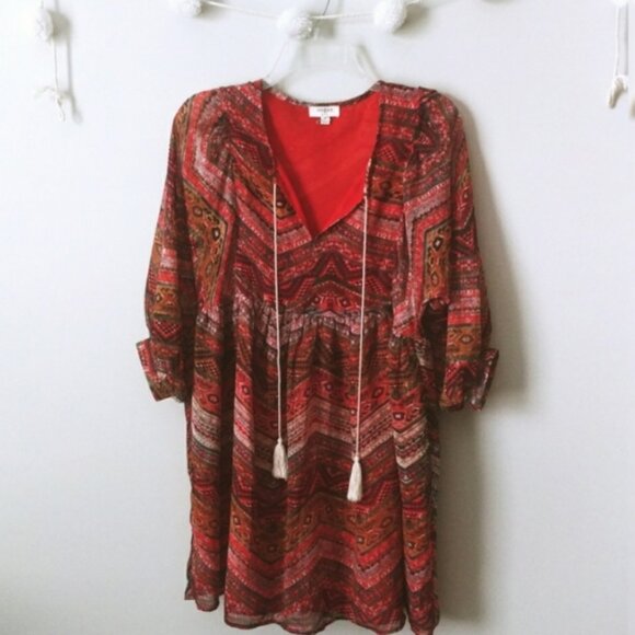 Umgee Red Boho Print V Neck Mini Dress Size Small - Picture 3 of 6